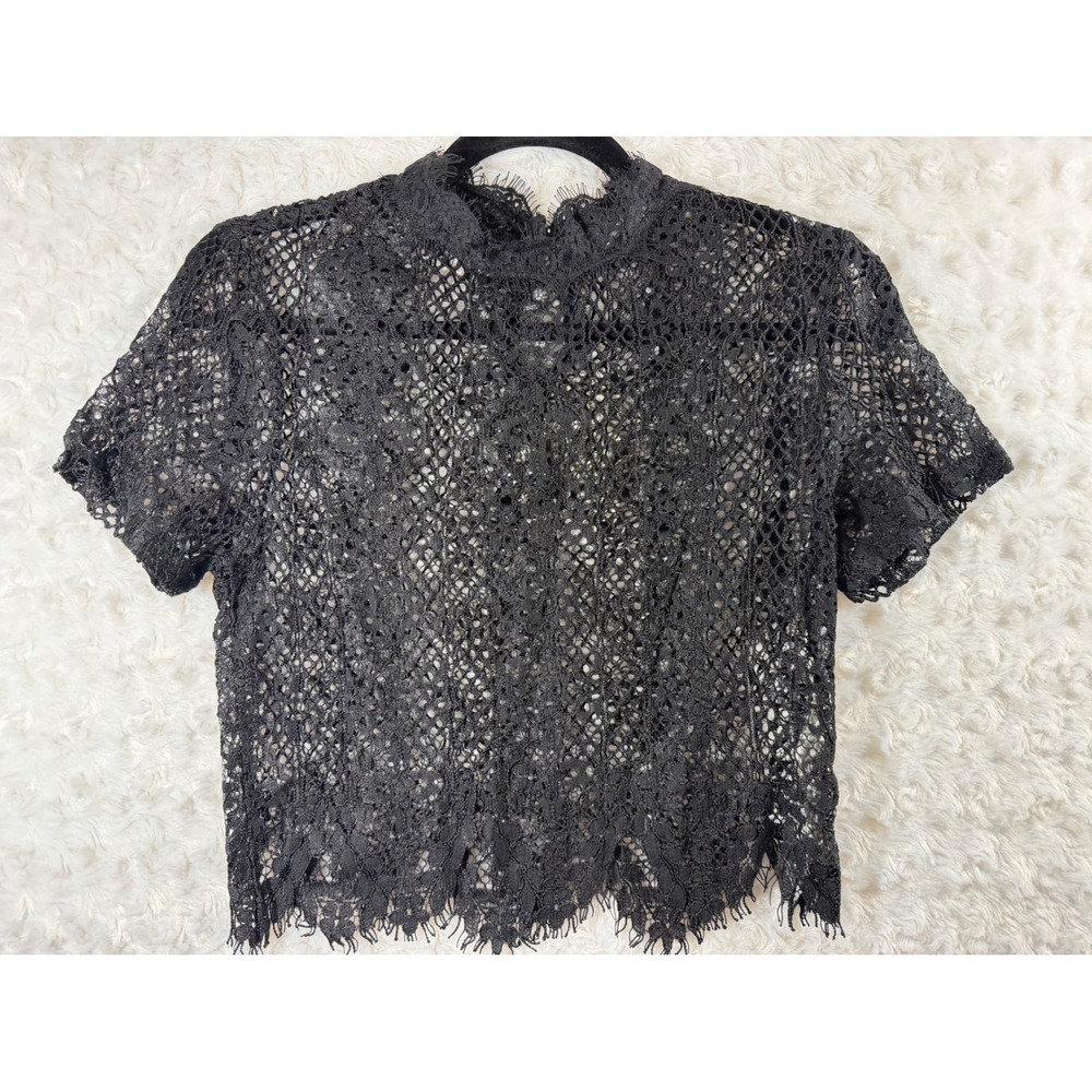 Zara Woman Size‎ Medium Black Lace Crop Top Mock Neck Eyelash Lace Blouse  NEW